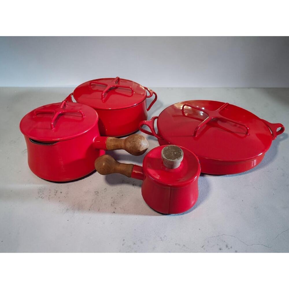 vintage Dansk Kobenstyle chili red enamel cookware set, an iconic mid-century...